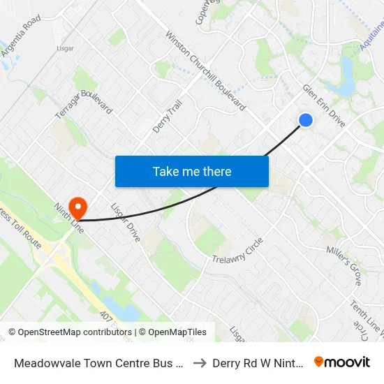 Meadowvale Town Centre Bus Terminal to Derry Rd W Ninth Line map