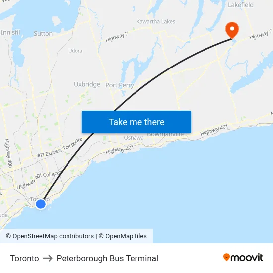 Toronto to Peterborough Bus Terminal map