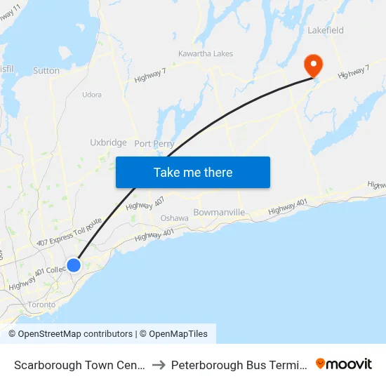 Scarborough Town Centre to Peterborough Bus Terminal map