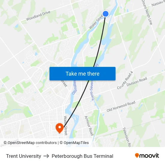 Trent University, 1600 W Bank Dr to Peterborough Bus Terminal map