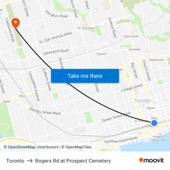 Toronto to Rogers Rd at Prospect Cemetery map