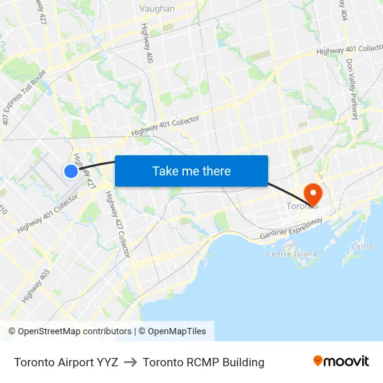 Toronto Airport YYZ to Toronto RCMP Building map