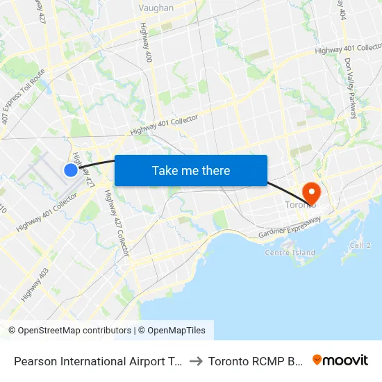 Pearson International Airport Terminal 1 to Toronto RCMP Building map