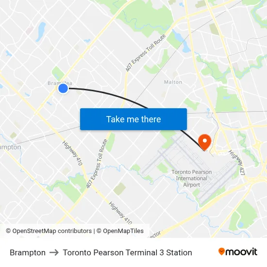 Brampton to Toronto Pearson Terminal 3 Station map