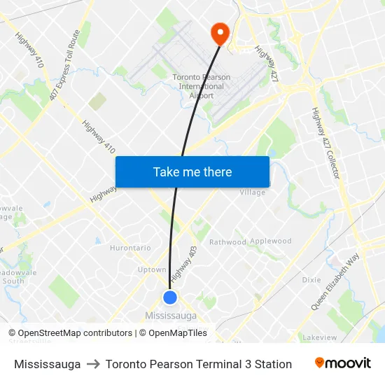 Mississauga to Toronto Pearson Terminal 3 Station map
