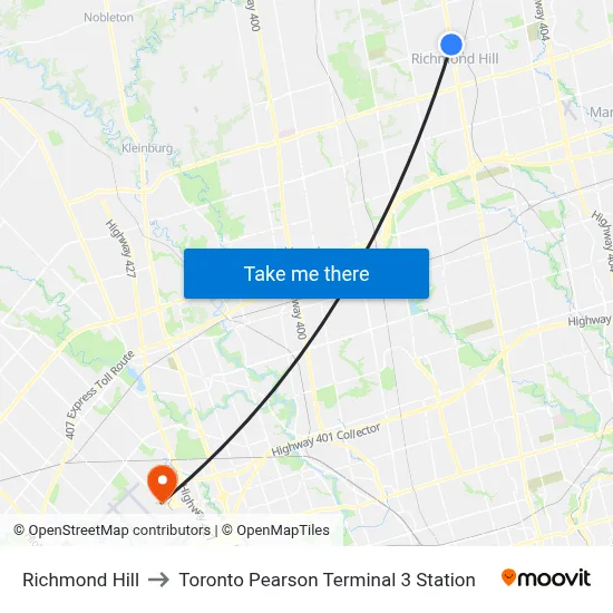 Richmond Hill to Toronto Pearson Terminal 3 Station map