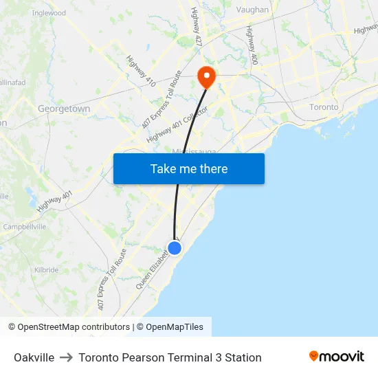 Oakville to Toronto Pearson Terminal 3 Station map