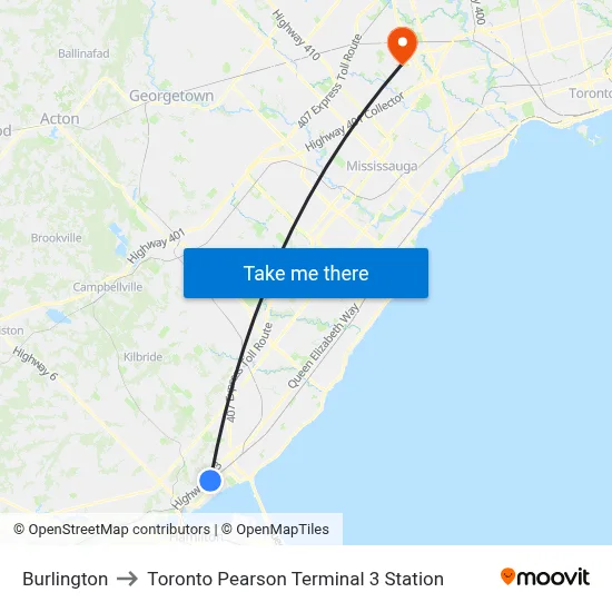 Burlington to Toronto Pearson Terminal 3 Station map