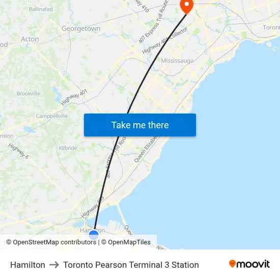 Hamilton to Toronto Pearson Terminal 3 Station map