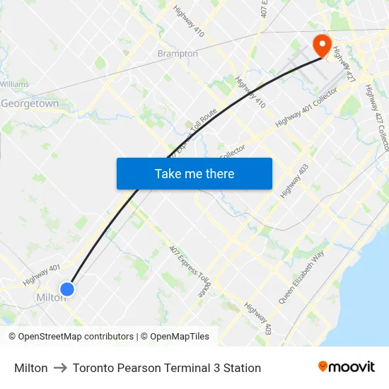 Milton to Toronto Pearson Terminal 3 Station map