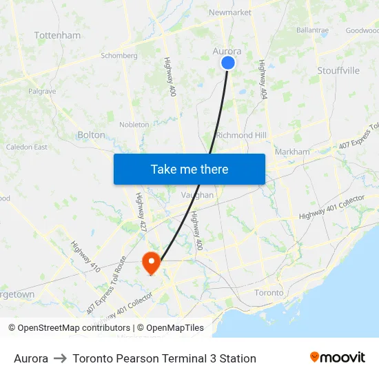 Aurora to Toronto Pearson Terminal 3 Station map