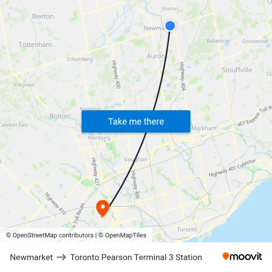 Newmarket to Toronto Pearson Terminal 3 Station map