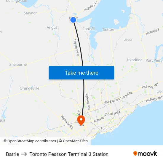 Barrie to Toronto Pearson Terminal 3 Station map