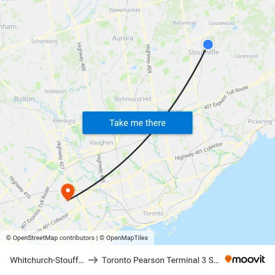 Whitchurch-Stouffville to Toronto Pearson Terminal 3 Station map