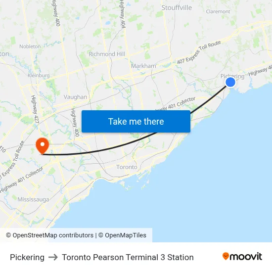 Pickering to Toronto Pearson Terminal 3 Station map