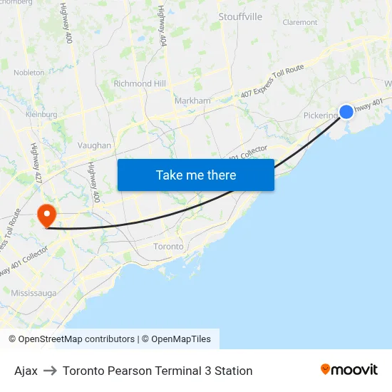 Ajax to Toronto Pearson Terminal 3 Station map