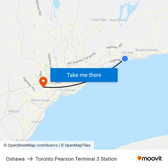 Oshawa to Toronto Pearson Terminal 3 Station map