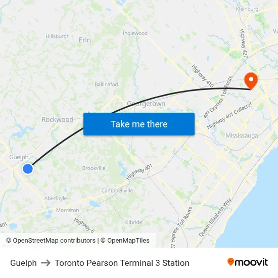 Guelph to Toronto Pearson Terminal 3 Station map
