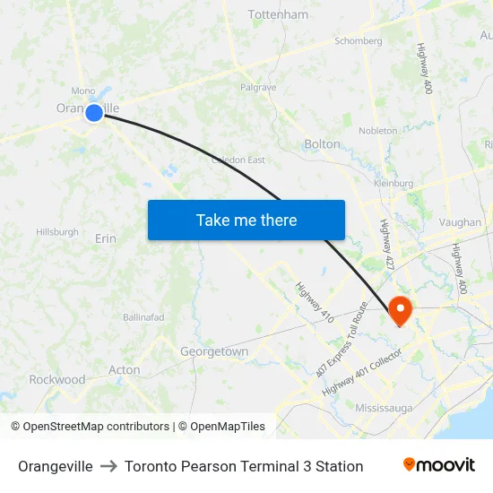 Orangeville to Toronto Pearson Terminal 3 Station map