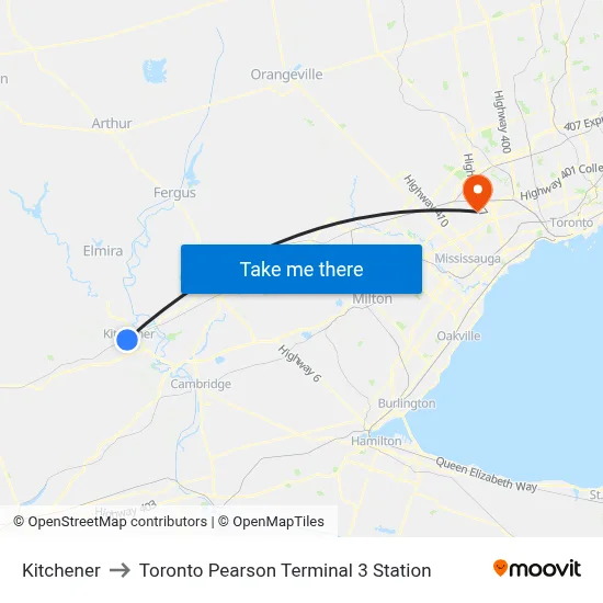 Kitchener to Toronto Pearson Terminal 3 Station map