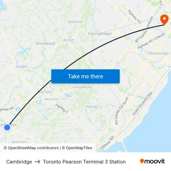 Cambridge to Toronto Pearson Terminal 3 Station map