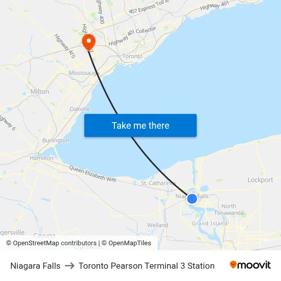 Niagara Falls to Toronto Pearson Terminal 3 Station map
