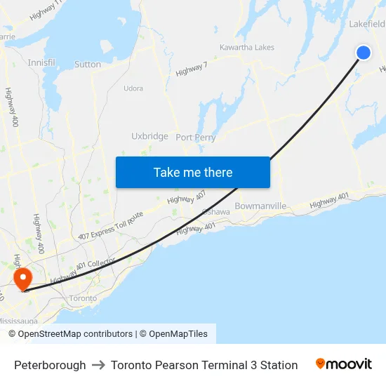 Peterborough to Toronto Pearson Terminal 3 Station map