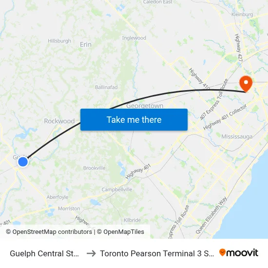 Guelph Central Station to Toronto Pearson Terminal 3 Station map