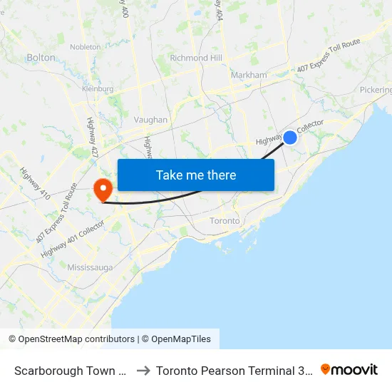 Scarborough Town Centre to Toronto Pearson Terminal 3 Station map