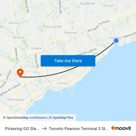 Pickering GO Station to Toronto Pearson Terminal 3 Station map