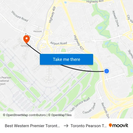 Best Western Premier Toronto Airport Carlingview Hotel to Toronto Pearson Terminal 3 Station map
