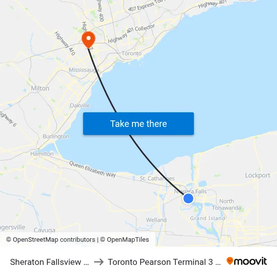 Sheraton Fallsview Hotel to Toronto Pearson Terminal 3 Station map