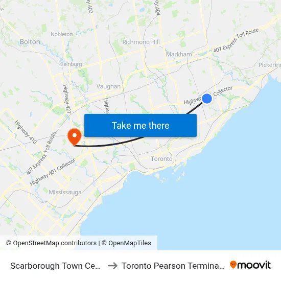 Scarborough Town Centre-West to Toronto Pearson Terminal 3 Station map