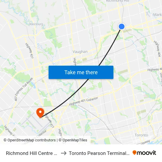 Richmond Hill Centre Terminal to Toronto Pearson Terminal 3 Station map