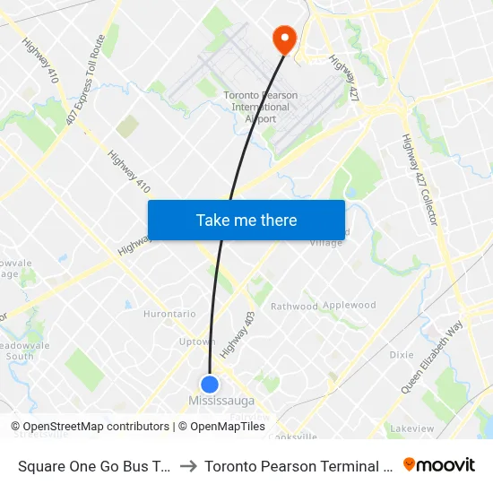 Square One Go Bus Terminal to Toronto Pearson Terminal 3 Station map
