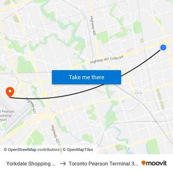 Yorkdale Shopping Centre to Toronto Pearson Terminal 3 Station map