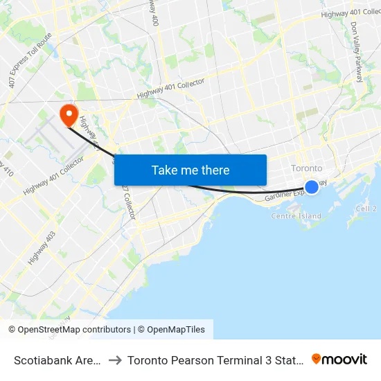 Scotiabank Arena to Toronto Pearson Terminal 3 Station map