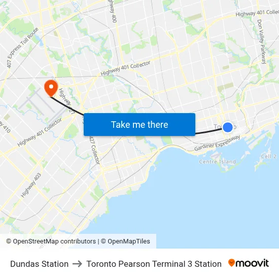 Dundas Station to Toronto Pearson Terminal 3 Station map