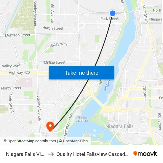 Niagara Falls Via Station to Quality Hotel Fallsview Cascade Niagara Falls map