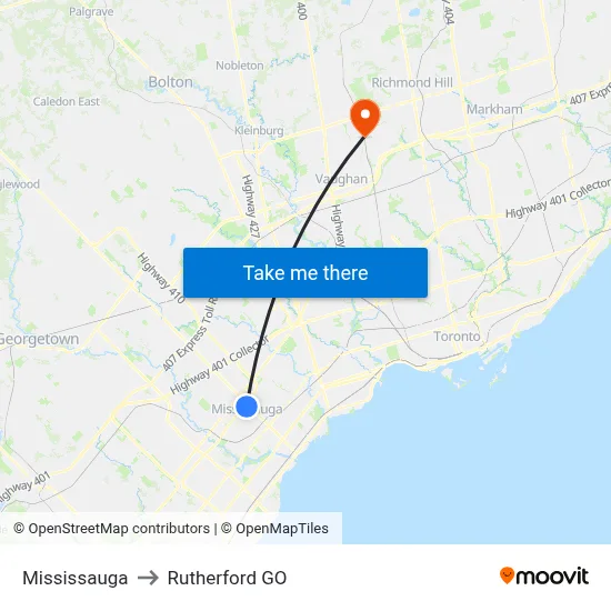 Mississauga to Rutherford GO map
