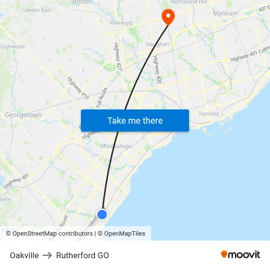Oakville to Rutherford GO map
