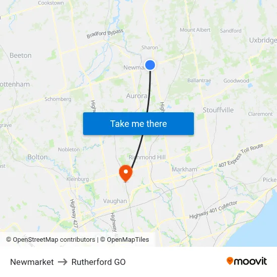 Newmarket to Rutherford GO map