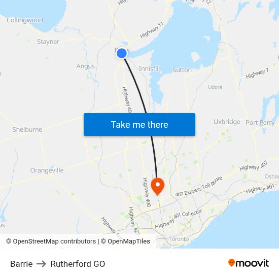 Barrie to Rutherford GO map