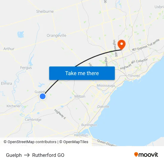 Guelph to Rutherford GO map