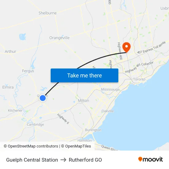 Guelph Central Station to Rutherford GO map