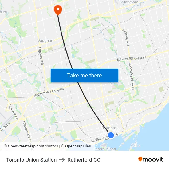 Toronto Union Station to Rutherford GO map