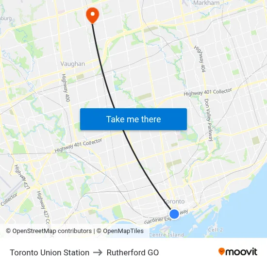 Toronto Union Station to Rutherford GO map