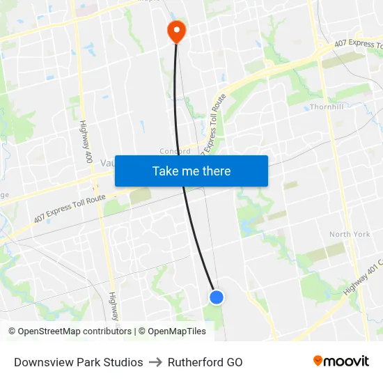 Downsview Park Studios to Rutherford GO map