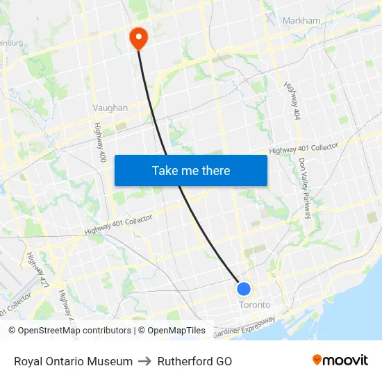Royal Ontario Museum to Rutherford GO map