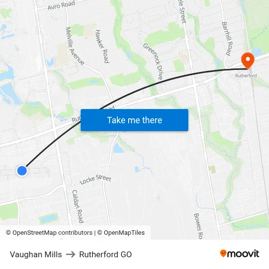 Vaughan Mills to Rutherford GO map